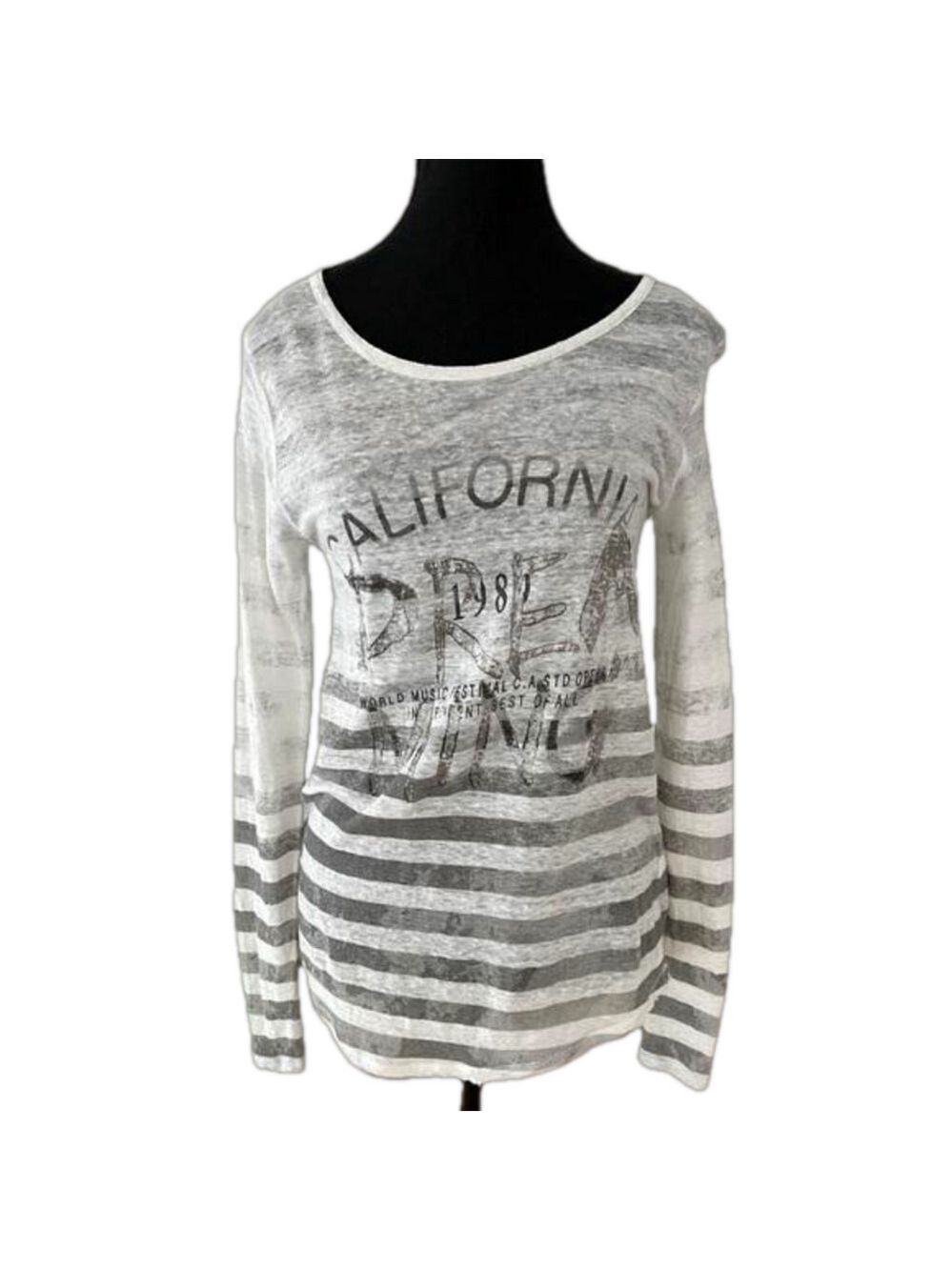 MONARI 100% Linen California Dreaming Long Sleeve Pullover Top Silver Metallic